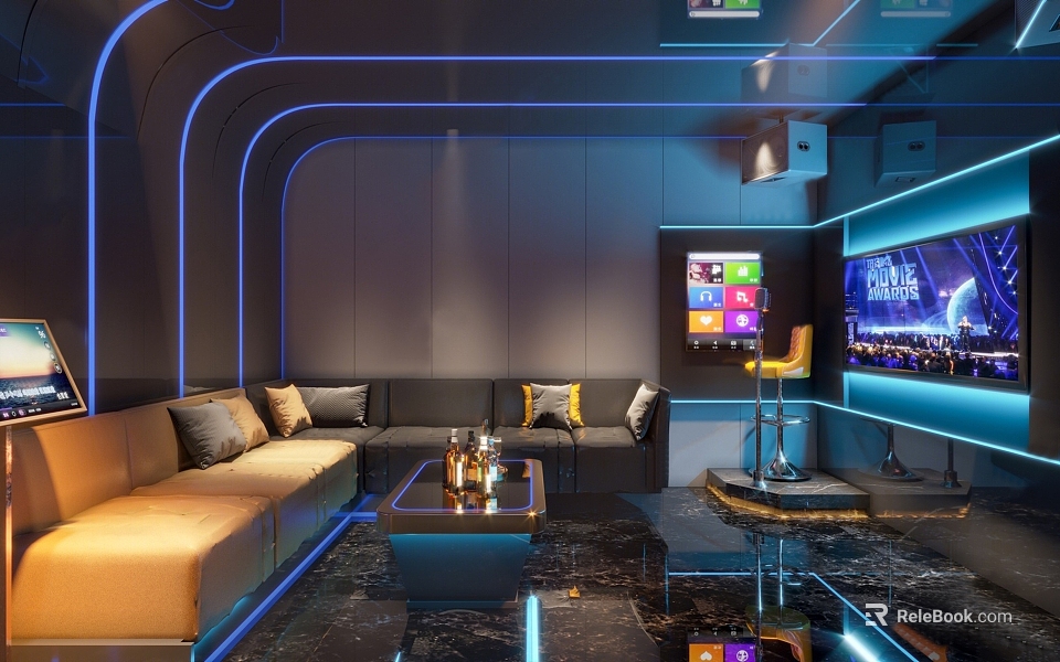 Modern Luxury KTV Interior With Blue Lighting Sofas Coffee Table TV Screens And Bar Counter 3d model 