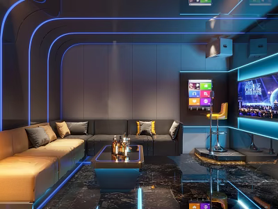 Modern Luxury KTV Interior With Blue Lighting Sofas Coffee Table TV Screens And Bar Counter 3d model