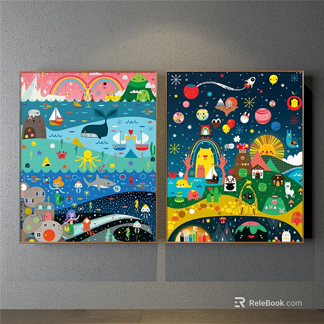 Vibrant Kids Room Decorative Paintings With Rainbow Animals And Star Designs 3d model 