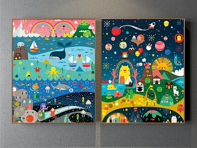 Vibrant Kids Room Decorative Paintings With Rainbow Animals And Star Designs 3d model