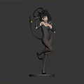 3D Anime Character Model With Cat Ears Tail And Black Bodysuit Standing On Round Base