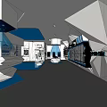 Modern Exhibition Hall With Geometric White Structures Blue Accents Display Screens And Booths