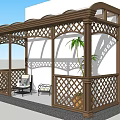 Outdoor Pergola With Lattice Design Comfortable Seating Furniture And Green Plants For Relaxation