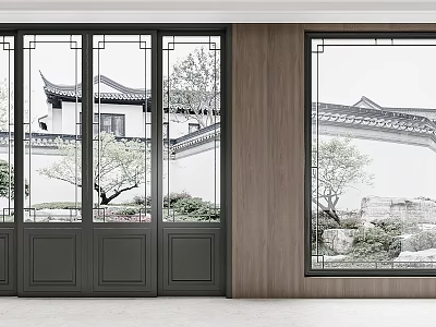 Chinese Style Sliding Doors with Glass Panels Revealing Traditional Courtyard Garden View 3d model