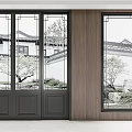 Chinese Style Sliding Doors with Glass Panels Revealing Traditional Courtyard Garden View
