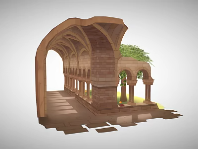 Cartoon Style Arched Stone Corridor With Columns Stone Floor Green Plants And Small Decorations 3d model