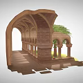 Cartoon Style Arched Stone Corridor With Columns Stone Floor Green Plants And Small Decorations