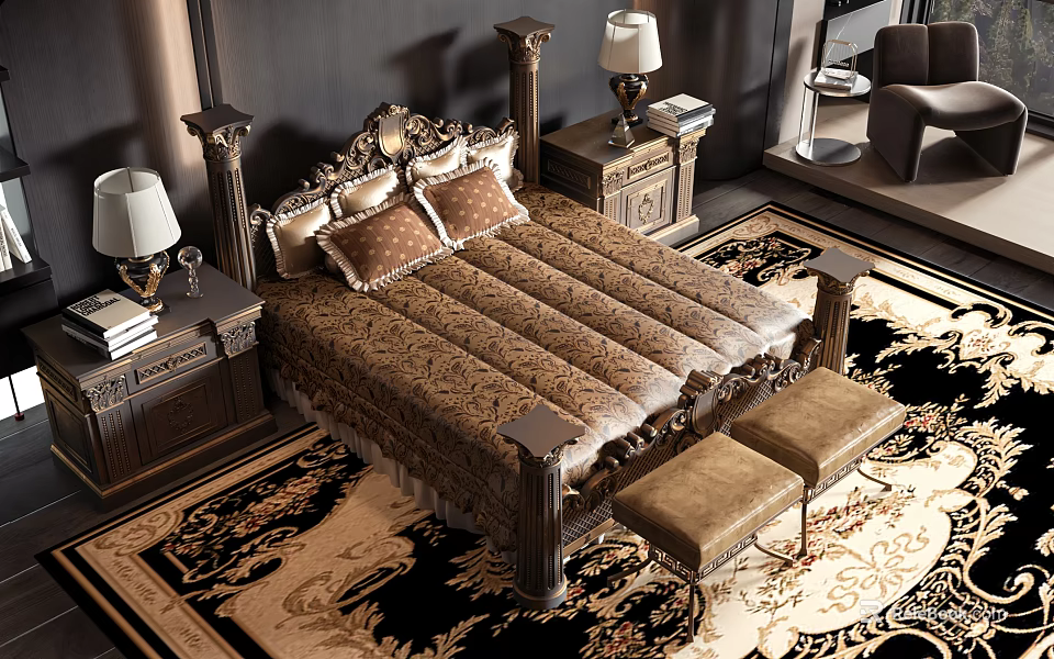 Ornate Double Bed with Patterned Bedspread Nightstands Table Lamps and Ottomans on Large Area Rug 3d model 