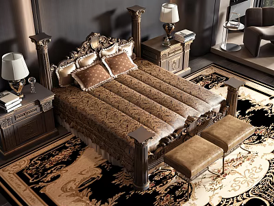 Ornate Double Bed with Patterned Bedspread Nightstands Table Lamps and Ottomans on Large Area Rug 3d model