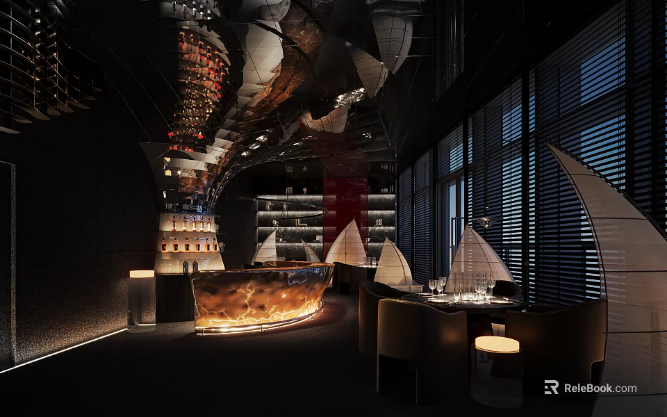 Elegant Modern Bar Interior With Curved Counter Leather Seating And Ambient Lighting 3d model 