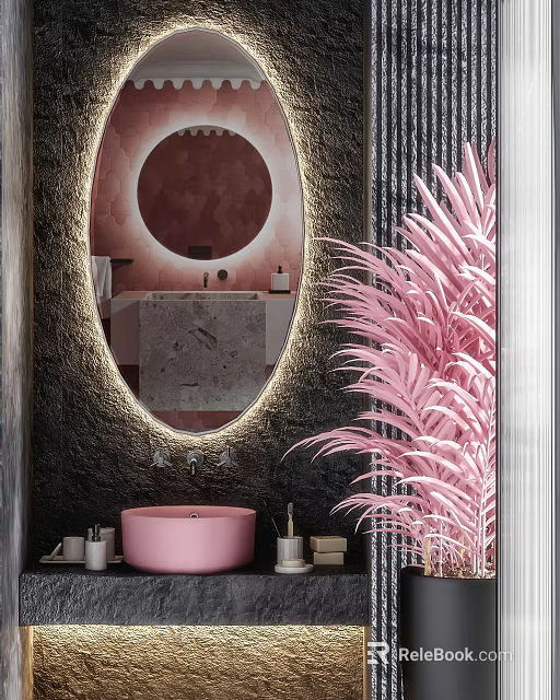Modern Bathroom Set With Pink Sink Round Mirror Lighting And Stone Wall Decorative Plant 3d model 