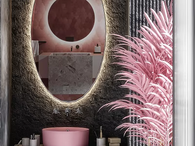 Modern Bathroom Set With Pink Sink Round Mirror Lighting And Stone Wall Decorative Plant 3d model