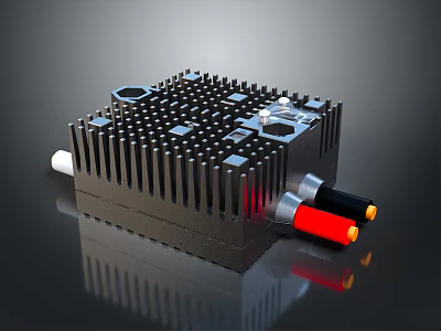 Black Electronic Device with Metal Heatsink Structure Red Black Connectors and Component Holes 3d model