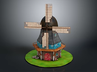 Detailed Windmill Model With Wooden Structure Black Roof Blue Walls And Red Door 3d model