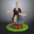 Detailed Windmill Model With Wooden Structure Black Roof Blue Walls And Red Door