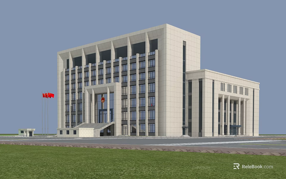 Modern Building Exterior Wall With Stone Cladding And Symmetrical Window Design 3d model 