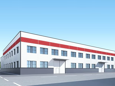 Industrial Factory Building With White Exterior Red Horizontal Stripes Multiple Windows And Double Entrance Doors 3d model