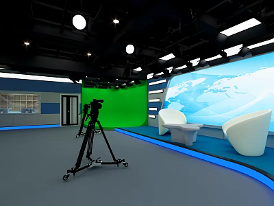 Modern Studio Interior With Green Screen Camera Tripod White Chairs And World Map 3d model