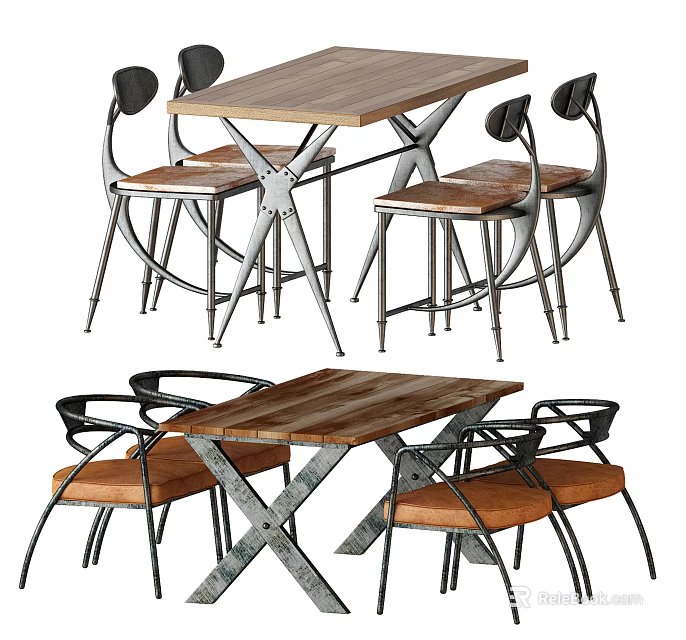 Modern Rustic Dining Table Set With Wooden Top Metal Frame And Leather Chairs 3d model 