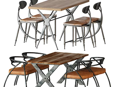 Modern Rustic Dining Table Set With Wooden Top Metal Frame And Leather Chairs 3d model
