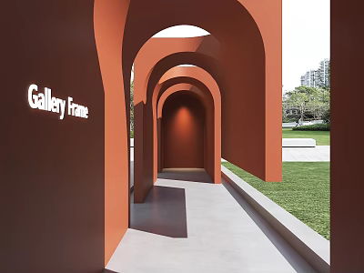 Gallery Frame Orange Arched Structure With Concrete Floor Grass Lawn And Distant Buildings 3d model