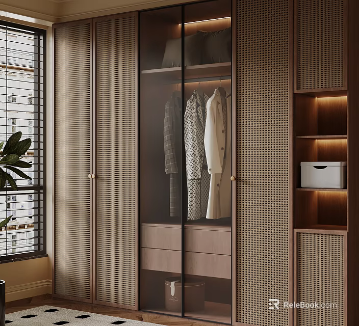 Modern Wooden Wardrobe with Glass Doors Woven Panels Hanging Clothes and Lit Shelves 3d model 