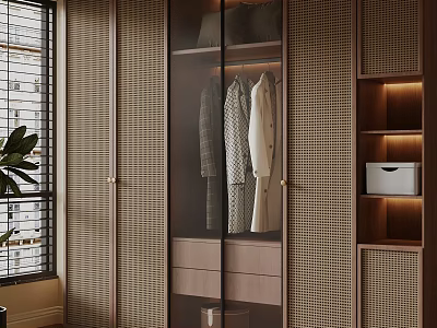 Modern Wooden Wardrobe with Glass Doors Woven Panels Hanging Clothes and Lit Shelves 3d model