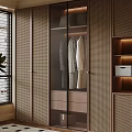 Modern Wooden Wardrobe with Glass Doors Woven Panels Hanging Clothes and Lit Shelves