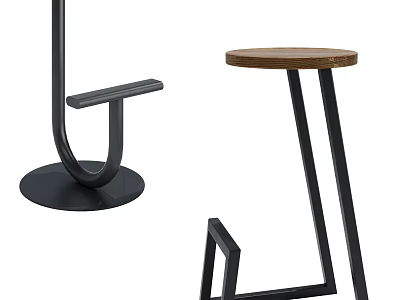 Modern Minimalist Bar Stools With Wooden Round Seat And Black Metal Frame 3d model