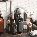 Organized Bath and Daily Essentials with Shampoo Bottles Combs Mirrors on White Tiled Wall Shelf