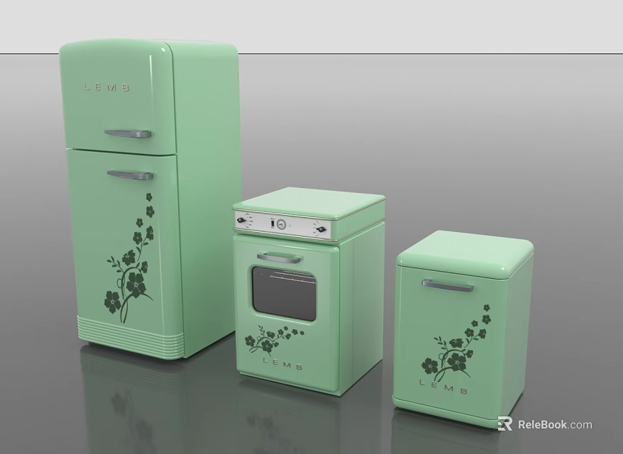 Light Green Vintage Refrigerator and Freezer with Floral Decorative Patterns 3d model 