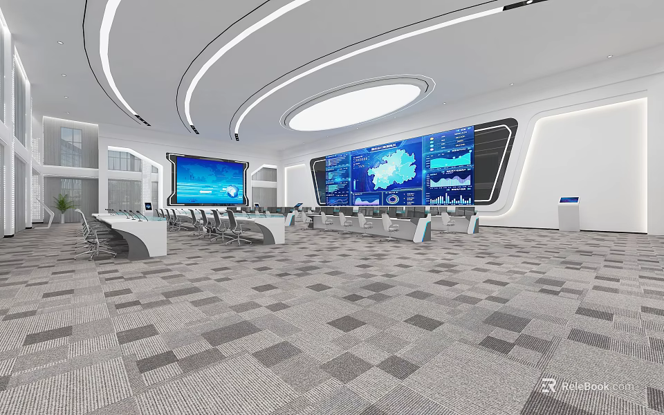 Modern Monitoring Control Room With Large Screens Displaying Data Charts And Control Consoles 3d model 