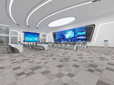 Modern Monitoring Control Room With Large Screens Displaying Data Charts And Control Consoles 3d model