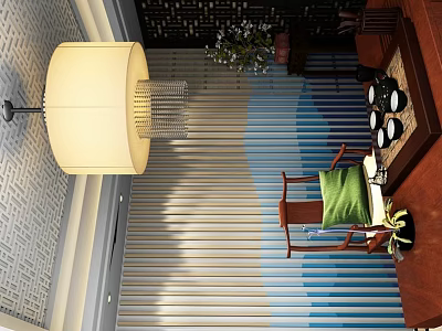 Traditional Chinese Restaurant Interior With Bamboo Blinds Wooden Chair Green Cushion And Hanging Lamp 3d model