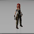 Red Haired Female Character Holding Knife in Gray Tank Top Camouflage Pants with Arm Bandage