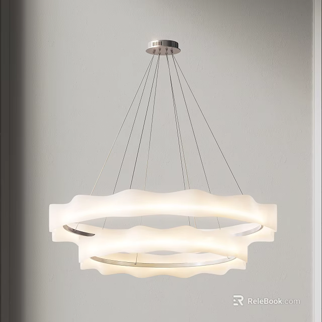 Modern Circular Chandelier With White Wavy Shade And Metal Suspension Cables For Interior Lighting 3d model 