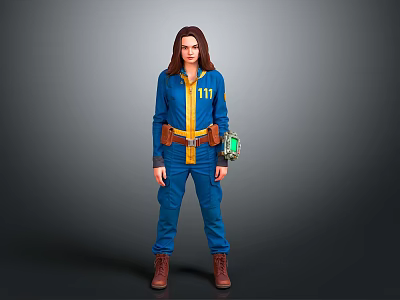 Woman In Blue Jumpsuit With 111 Logo Yellow Belt And Green Arm Device 3d model