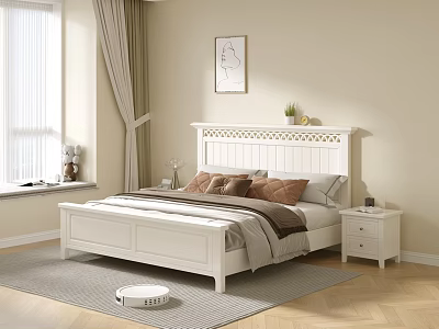 White Double Bed with Carved Headboard Soft Pillows Cozy Blanket and Nightstands in Bright Bedroom 3d model