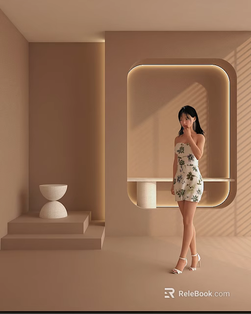 Stylish Indoor Scene With Beige Walls Arch Lighting White Sculpture And Floral Dress Woman 3d model 