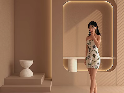 Stylish Indoor Scene With Beige Walls Arch Lighting White Sculpture And Floral Dress Woman 3d model