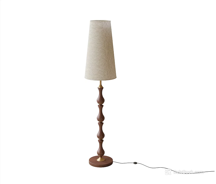 Floor Lamp With Light Beige Lampshade And Decorative Wooden Pole Design 3d model 