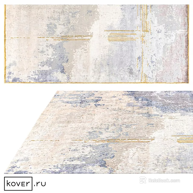 Square Rug Featuring Abstract Pattern Neutral Beige Gray Blue Tones And Golden Lines 3d model 