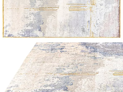 Square Rug Featuring Abstract Pattern Neutral Beige Gray Blue Tones And Golden Lines 3d model