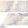 Square Rug Featuring Abstract Pattern Neutral Beige Gray Blue Tones And Golden Lines
