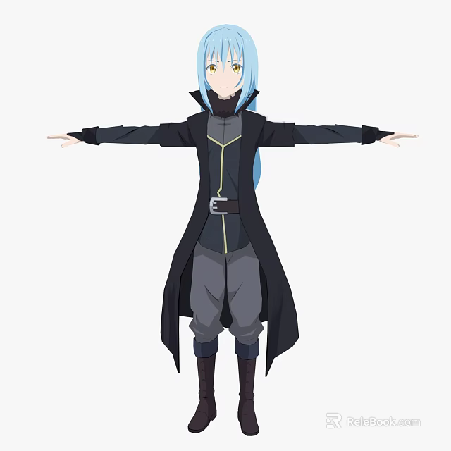 Woman With Blue Long Hair Wearing Black Long Coat And Gray Pants Arms Outstretched 3d model 