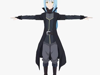 Woman With Blue Long Hair Wearing Black Long Coat And Gray Pants Arms Outstretched 3d model