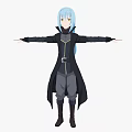 Woman With Blue Long Hair Wearing Black Long Coat And Gray Pants Arms Outstretched