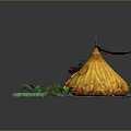 Cartoon Scene with Yellow Tent Red Flag Treasure Chest and Green Plants on Sandy Ground