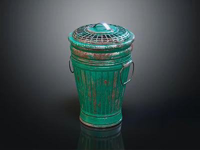 Green Rustic Trash Can With Grid Lid And Metal Handles 3d model