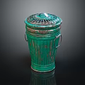 Green Rustic Trash Can With Grid Lid And Metal Handles 3d model
